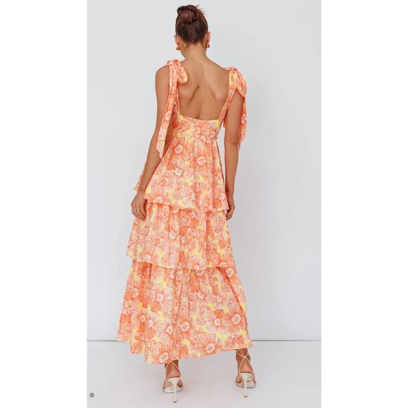 Selfie Leslie Arlowe Tied Shoulder Floral Tiered Midi Dress Orange Women Size 12 - Picture 3 of 14